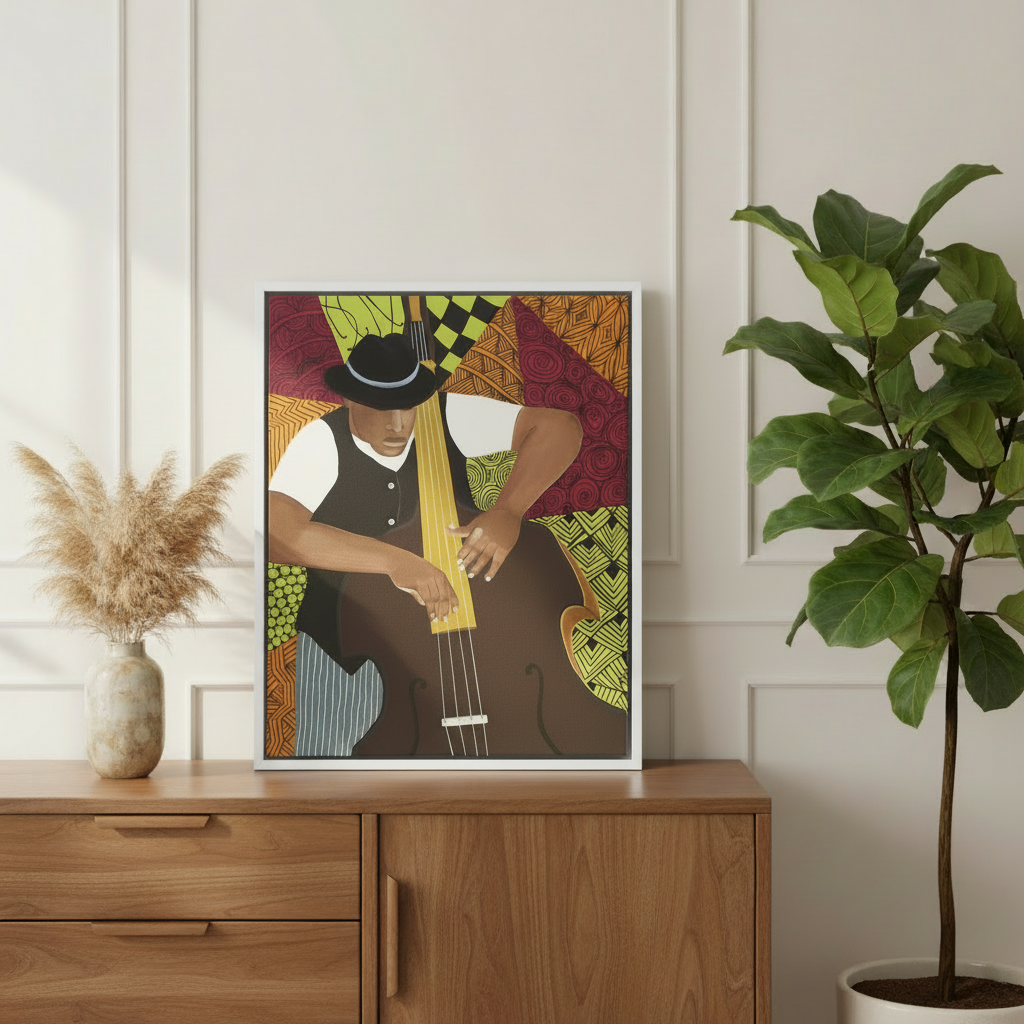 Black Bass Player Framed Canvas Wall Art | American Music Decor