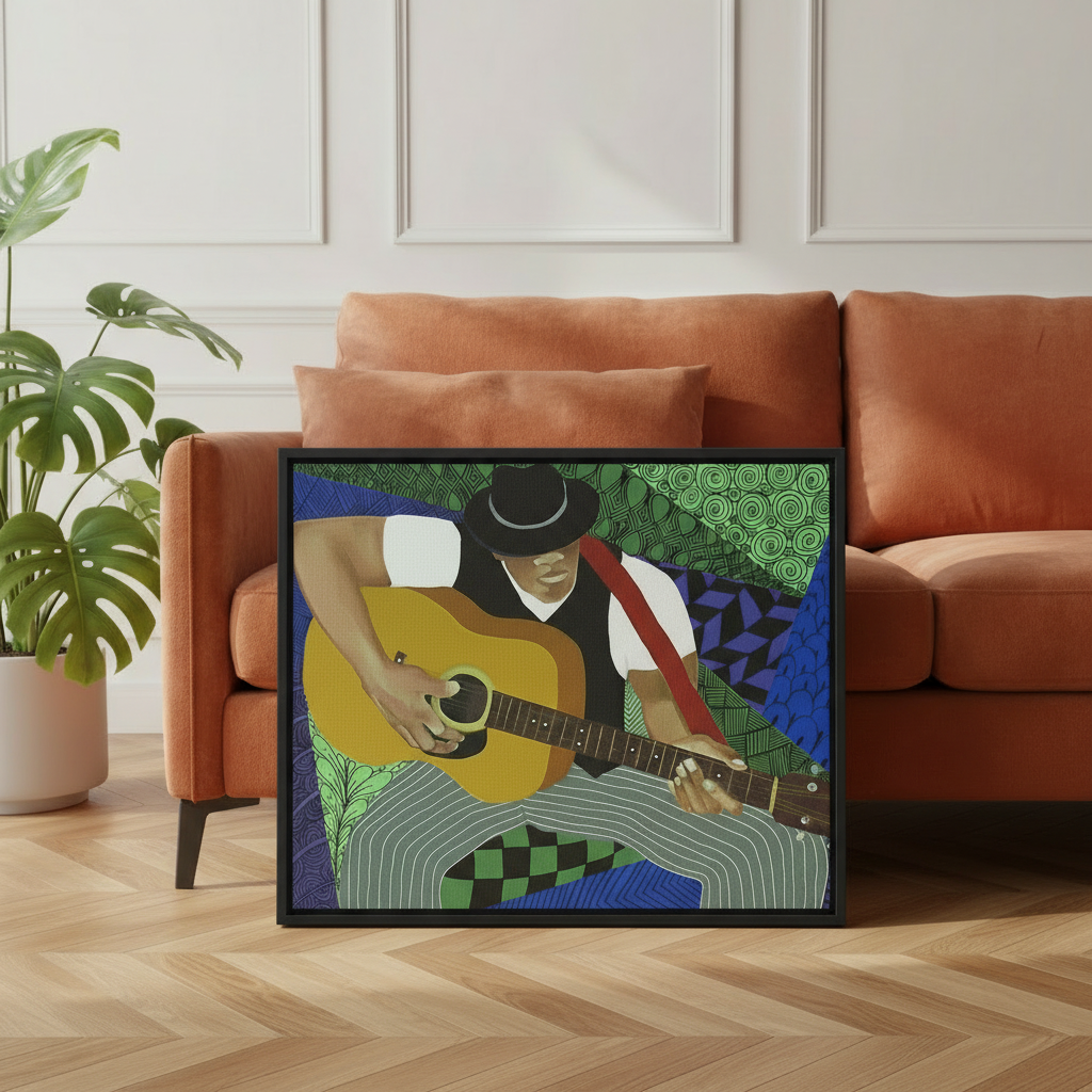 Black Blues Guitarist Framed Canvas Wall Art | Home Decor