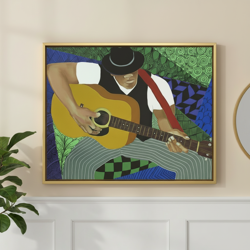 Black Blues Guitarist Framed Canvas Wall Art | Home Decor