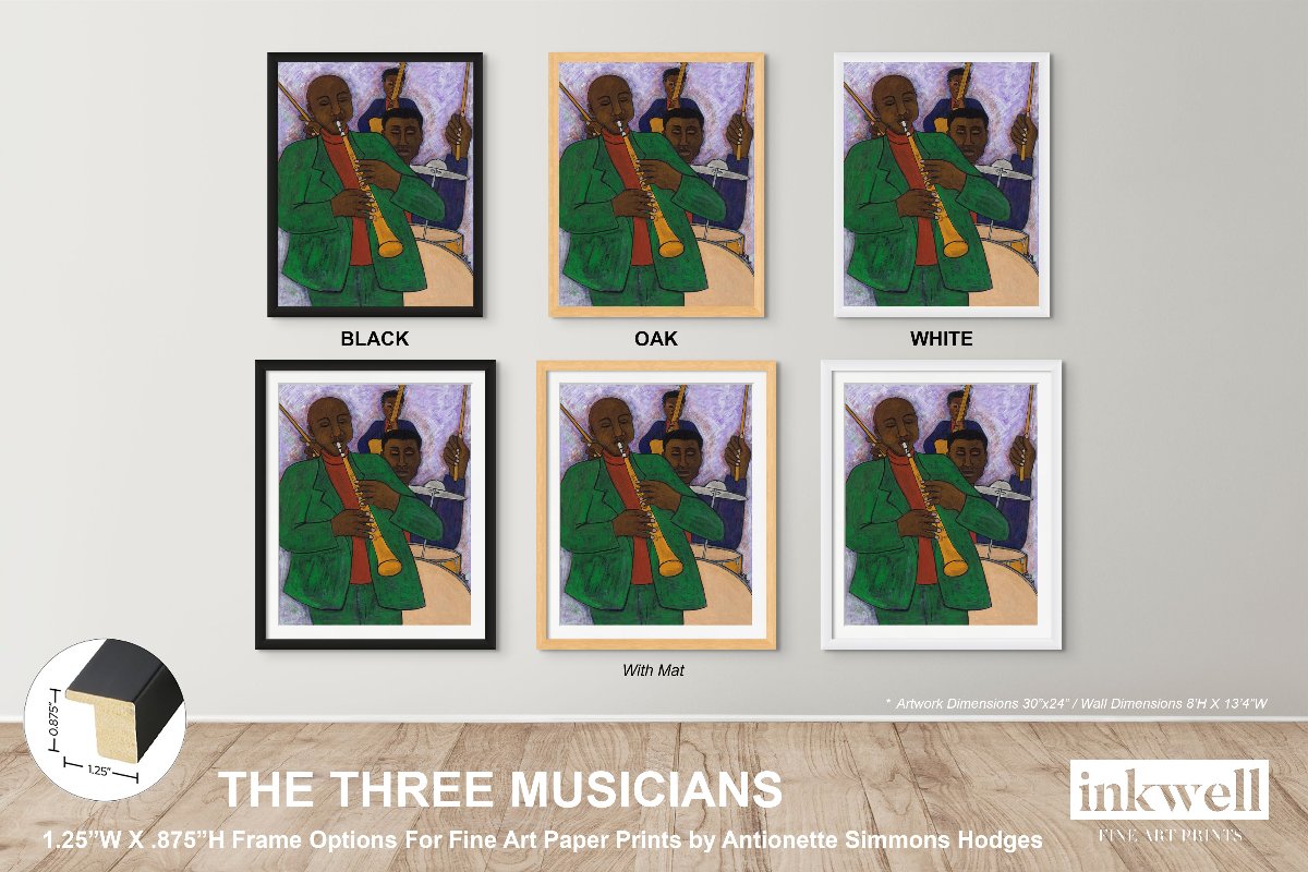 'The Three Musicians' print in frame: Artistic representation of a jazz trio, with stylized figures and vivid colors, set against a lavender backdrop, beautifully framed.