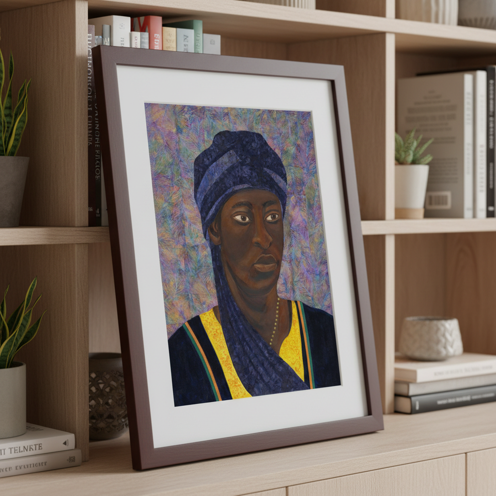 Framed artwork of a person with a colorful background on a wooden surface with books and plants.