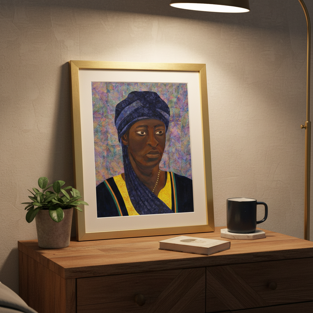 Framed portrait of a person with a colorful background on a wooden surface with a plant and mug.