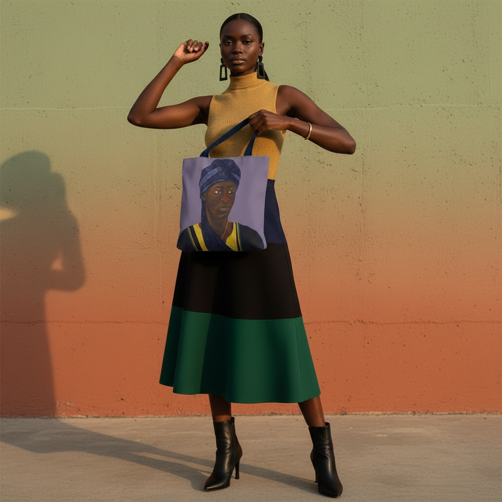 Full body lifestyle shot of The African tote bag — Pan-African precision design Black man art gift