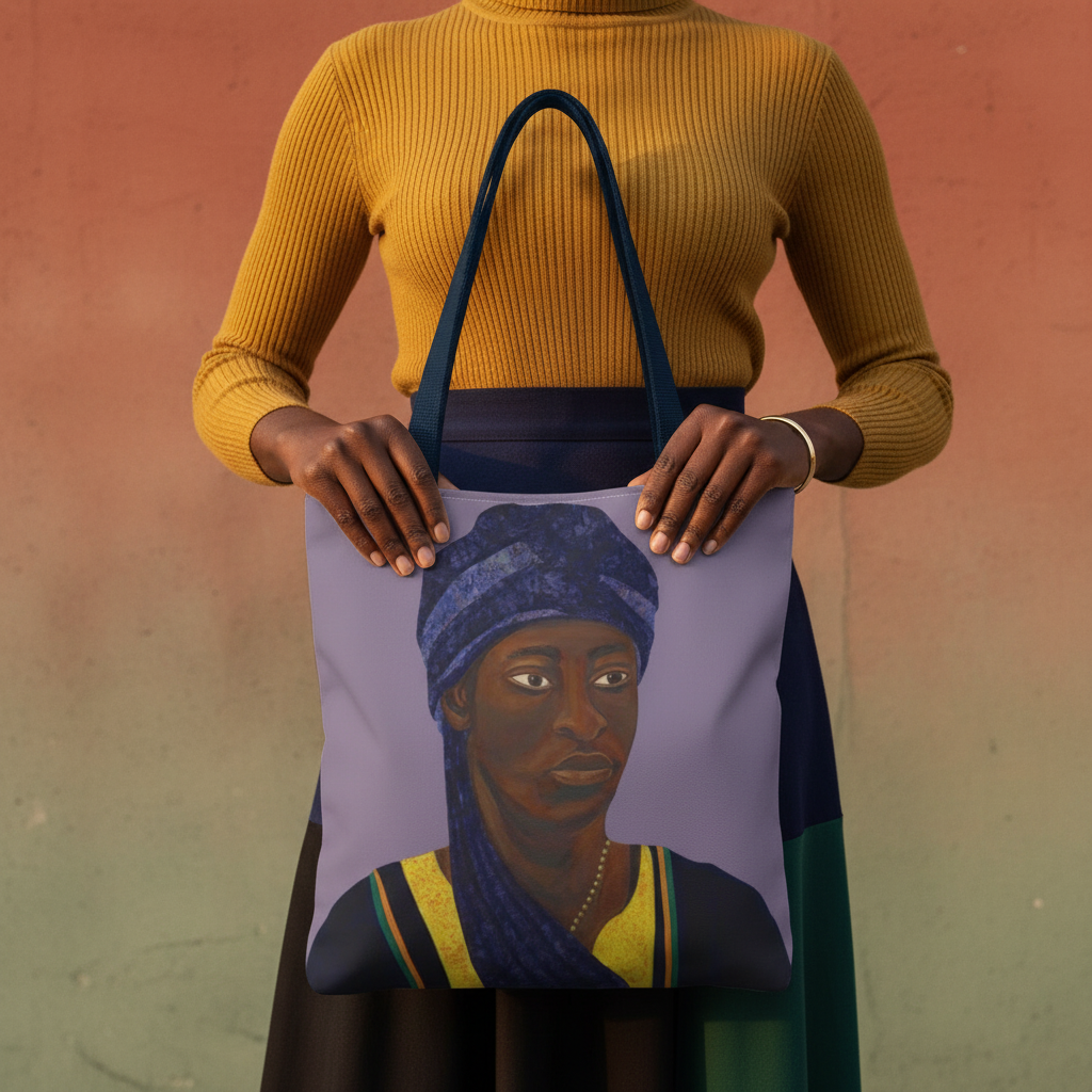 Close-up of The African tote bag handle grip — Pan-African art detail on cotton canvas