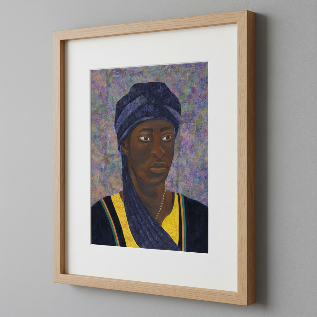 Framed artwork of a black  man wearing a headscarf on a gray wall