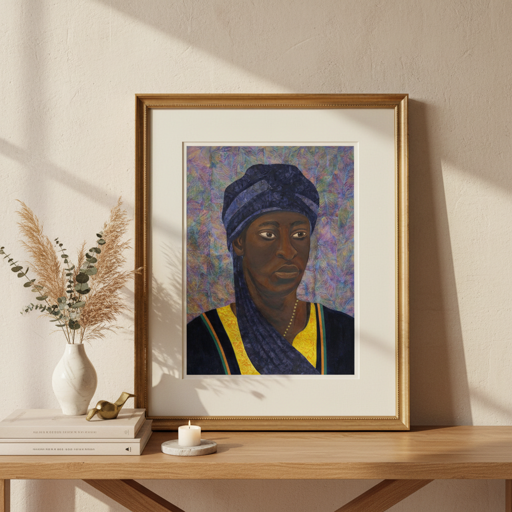 Framed artwork of an African man with a colorful background on a wooden table.