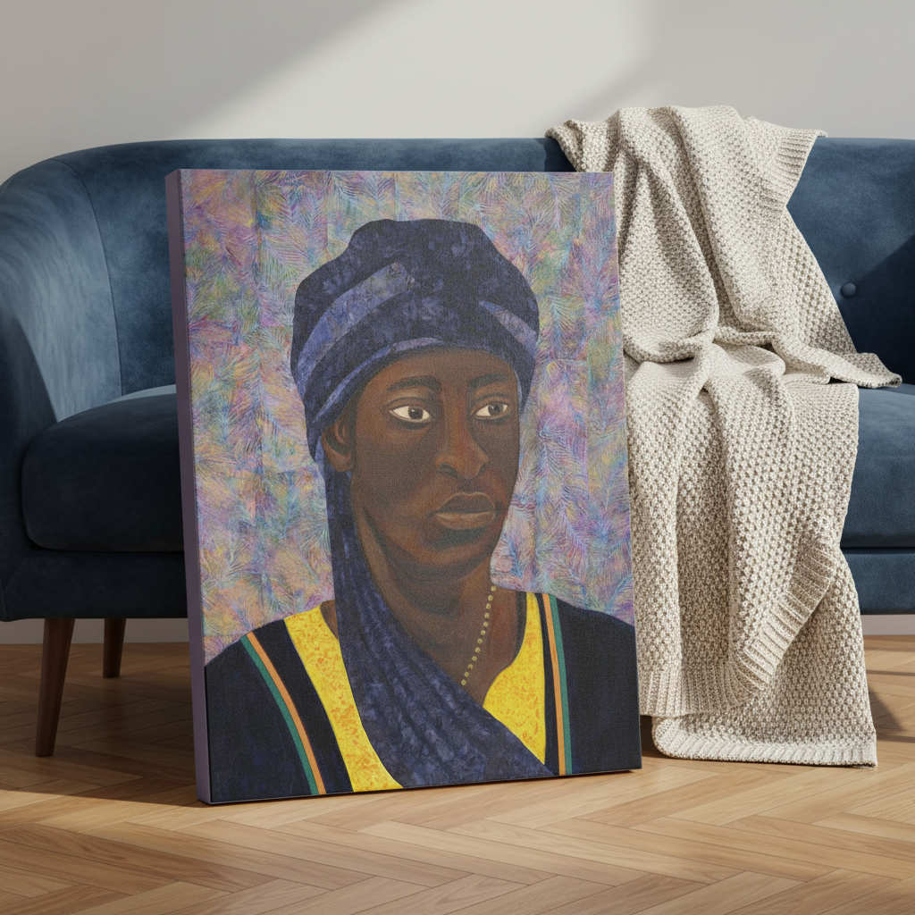 Portrait painting of a person with a colorful background on a wooden floor, with a blue couch and beige blanket in the background.