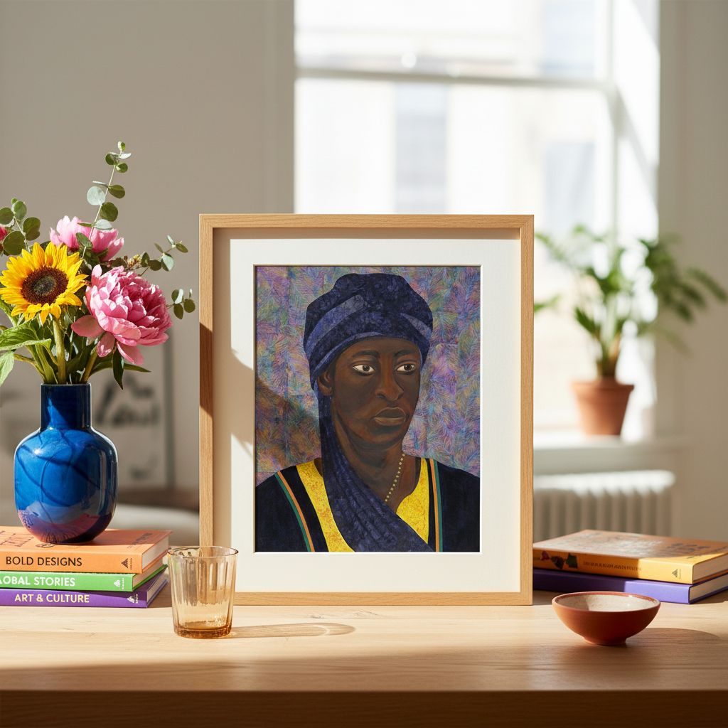 Framed portrait of a black male with a blue headscarf on a wooden table with decorative items.