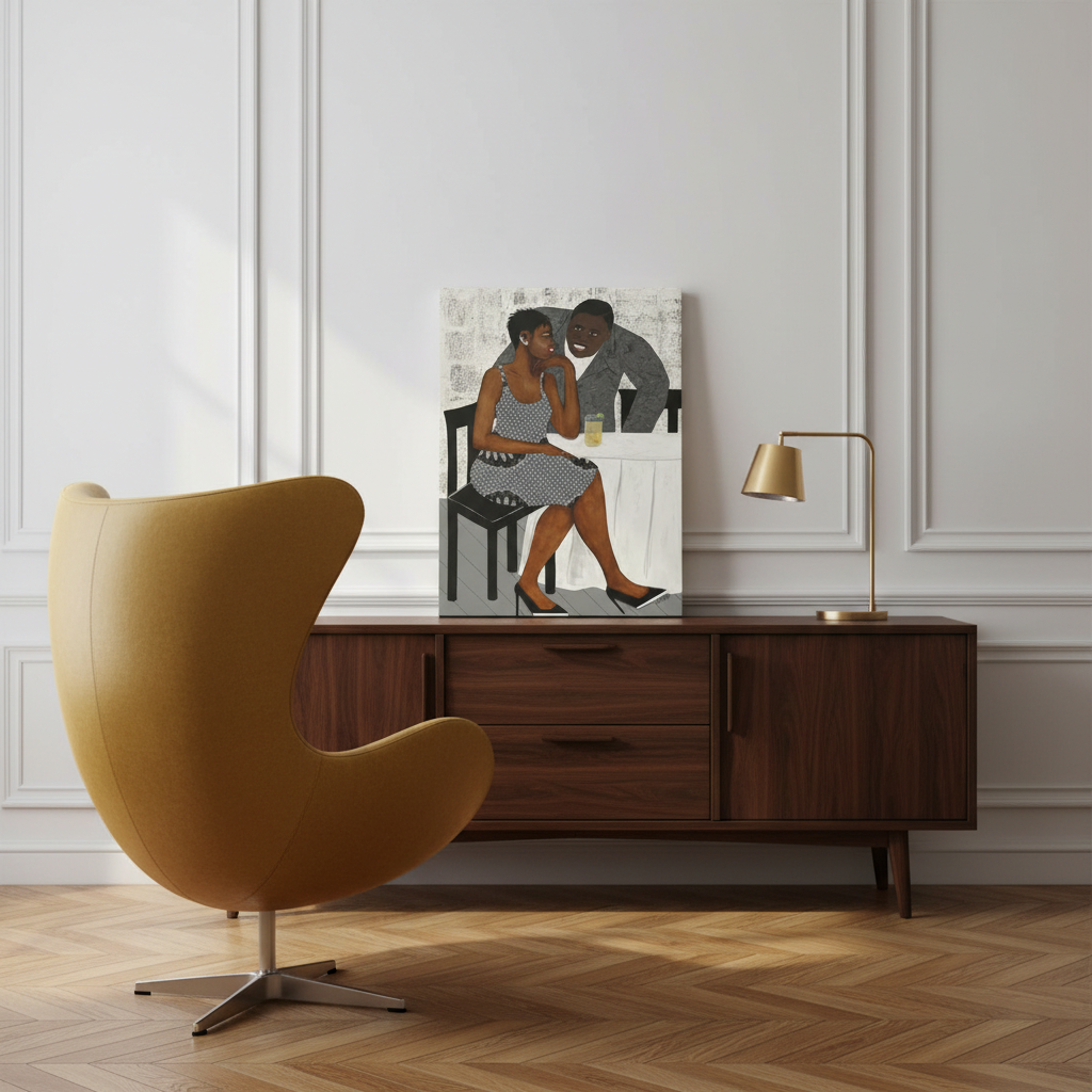 The Conversation canvas print with Parisian diagonal chair in foreground — Black couple art on canvas