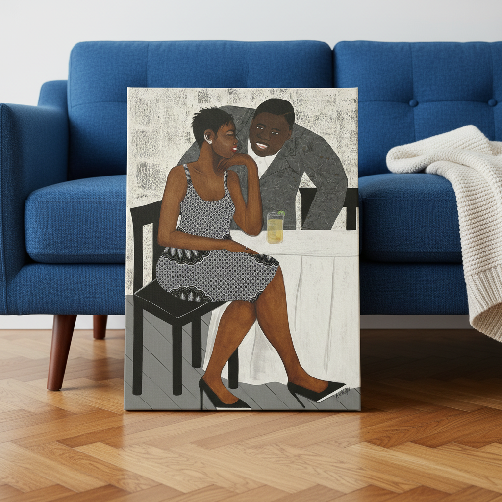 The Conversation canvas print leaning against blue sofa on floor — Black couple romance canvas art