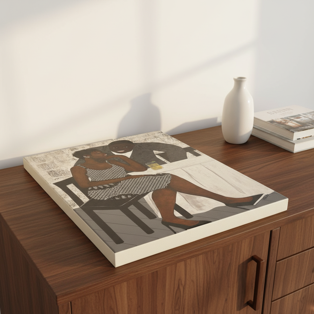The Conversation canvas print flat on sideboard with cream sides — Black couple romance canvas art
