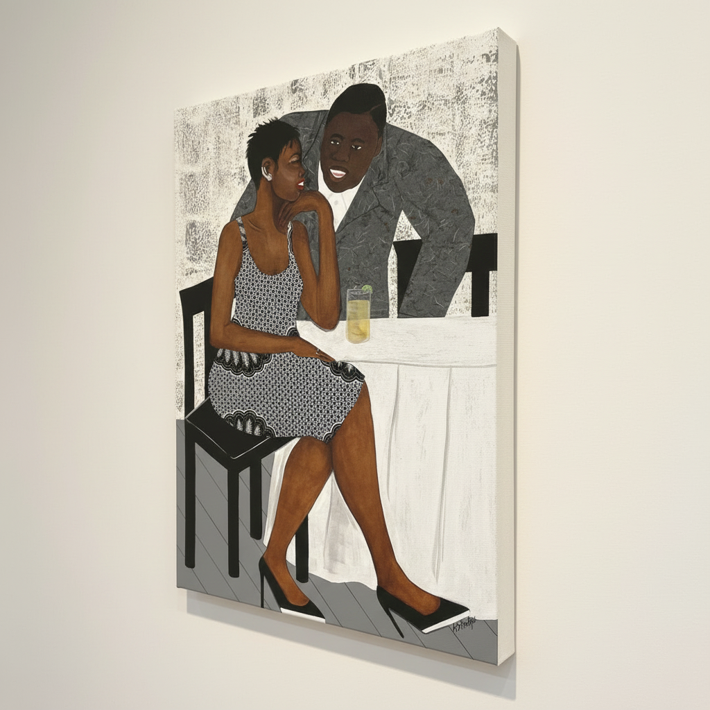 The Conversation canvas print gallery wall close angle — Black couple romance Afrocentric art