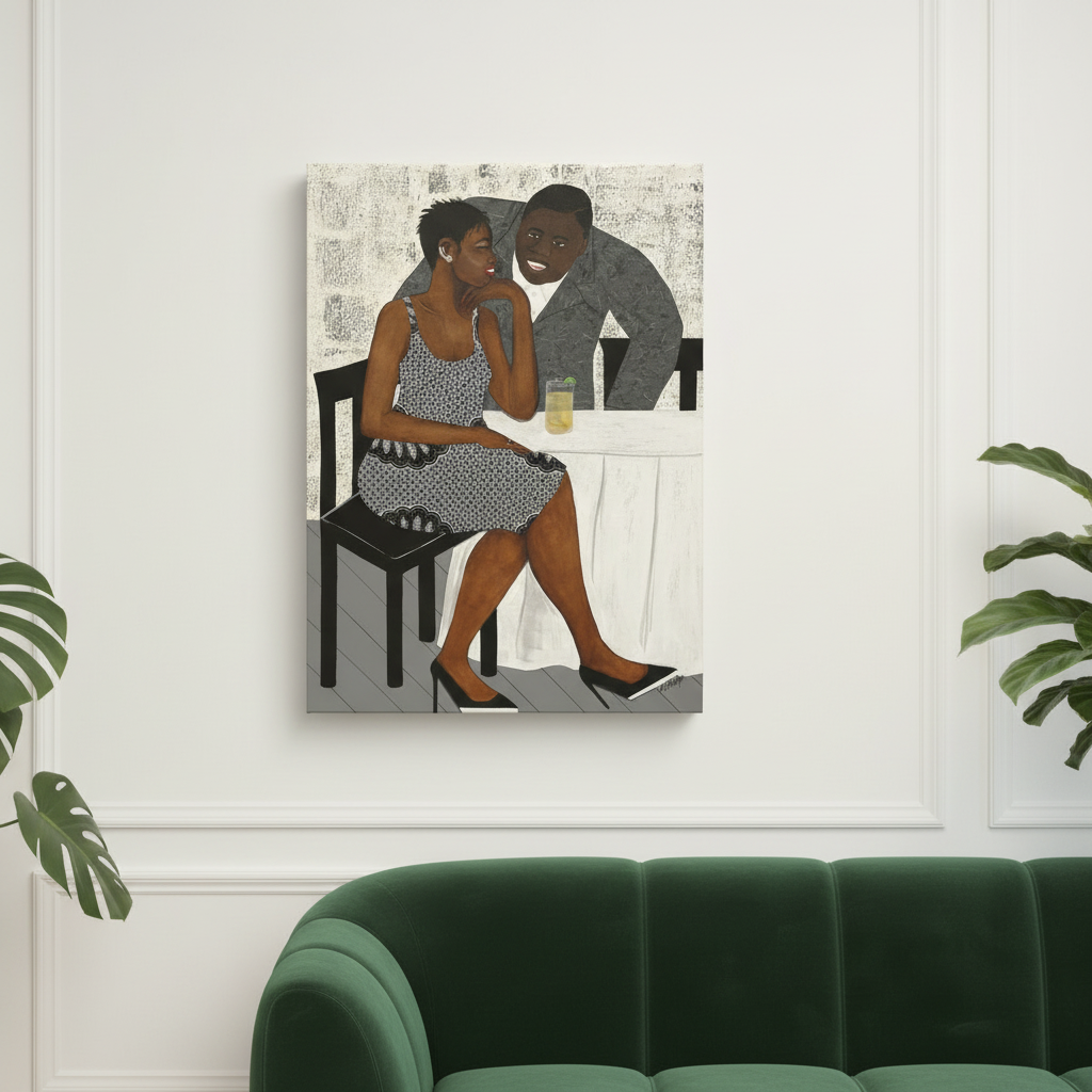 The Conversation canvas print hung on green sofa wall with wainscoting — Black couple romance art