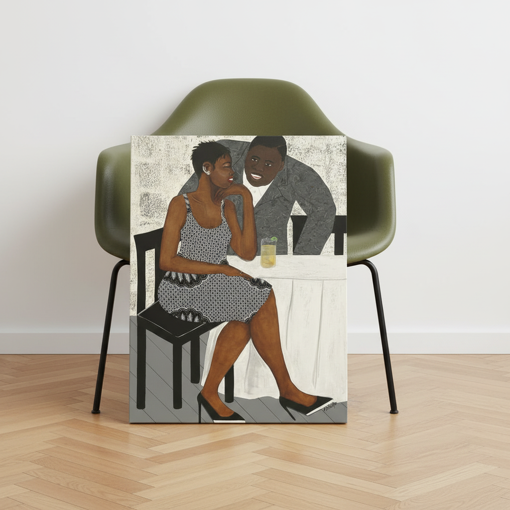 The Conversation canvas print with olive chair leaning on herringbone floor — Black couple art