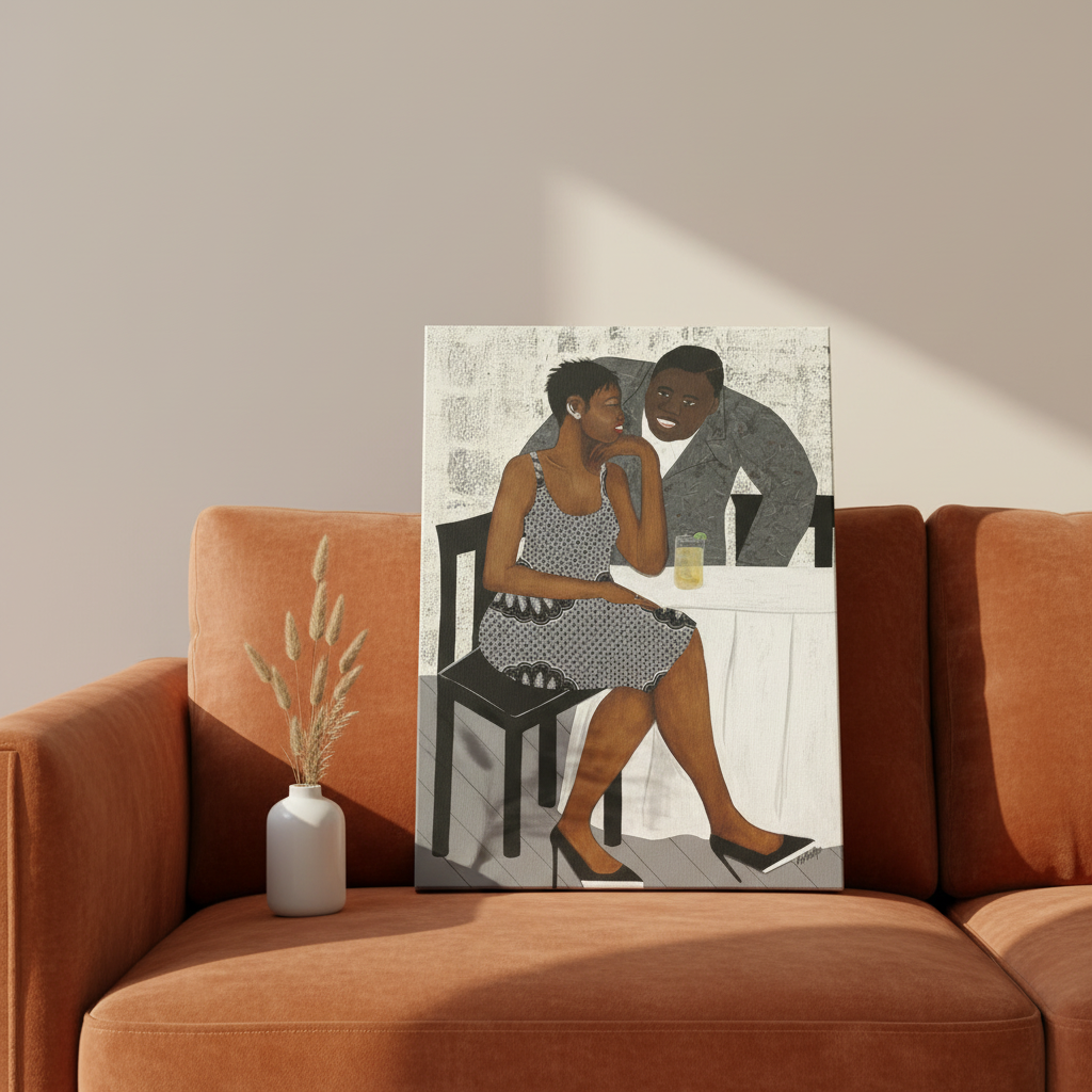 The Conversation canvas print leaning against rust sofa — African American couple canvas art