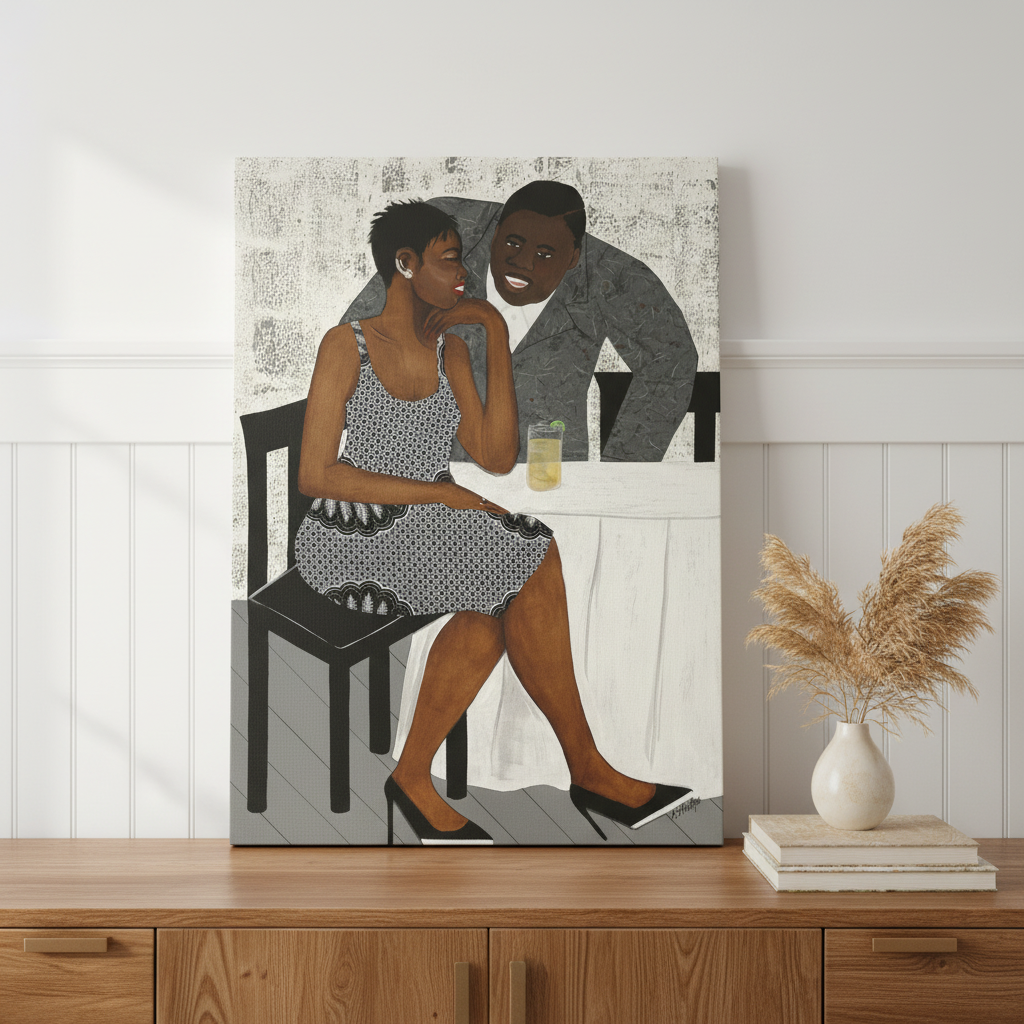 The Conversation canvas print on sideboard with vase and books — Black couple romance art
