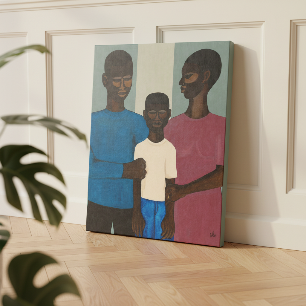 The Family canvas print Dutch tilt on floor with wainscoting and monstera — Black family wall art