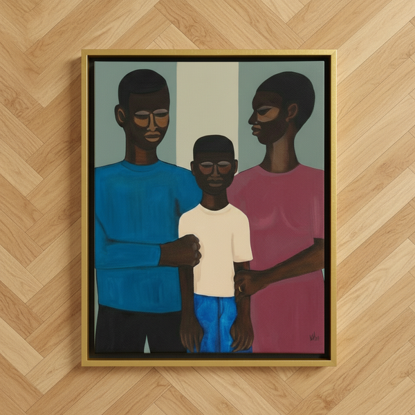 The Family framed canvas print gold frame bird's eye herringbone floor — Black family portrait art