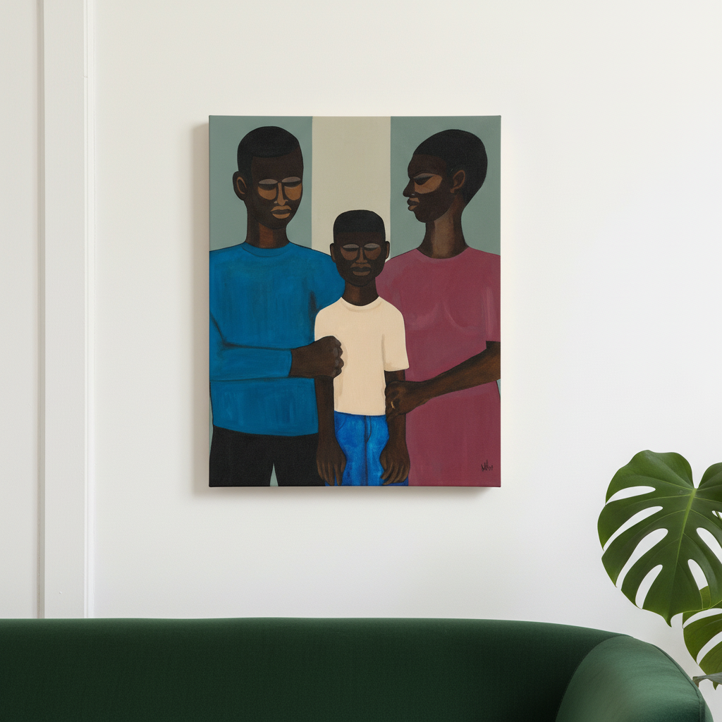 The Family canvas print hung on green sofa wall — Black family portrait canvas wall art