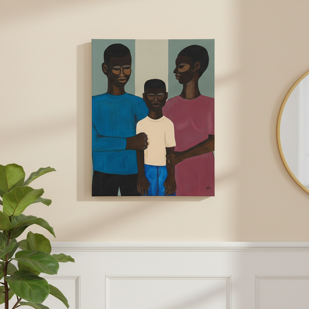 The Family canvas print hung with wainscoting fiddle leaf and mirror — Black family art on canvas