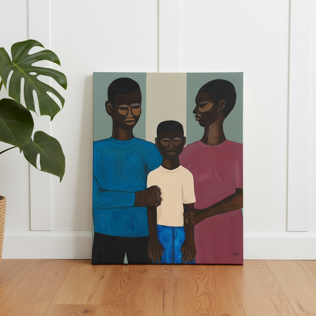 The Family canvas print with monstera floor leaning against wainscoting — Black family art