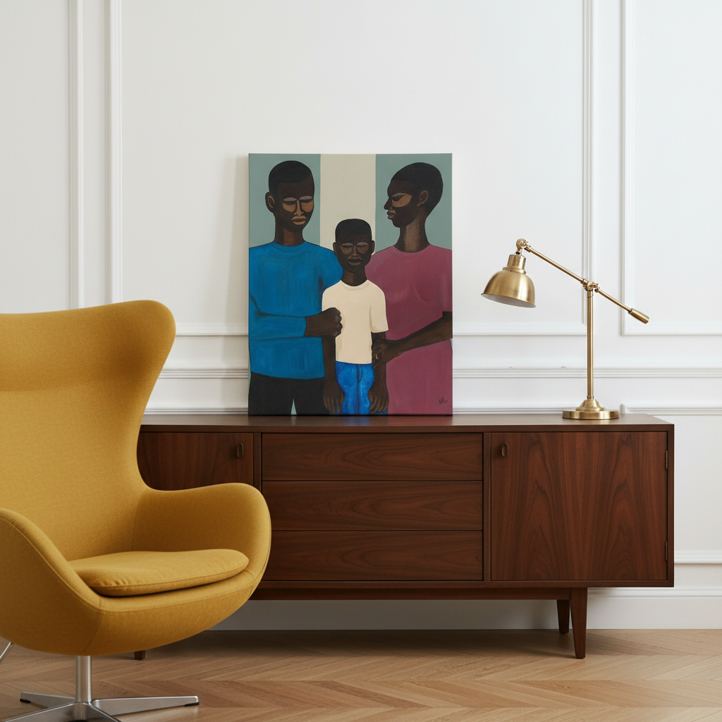 The Family canvas print with mustard egg chair and Parisian credenza — Black family art
