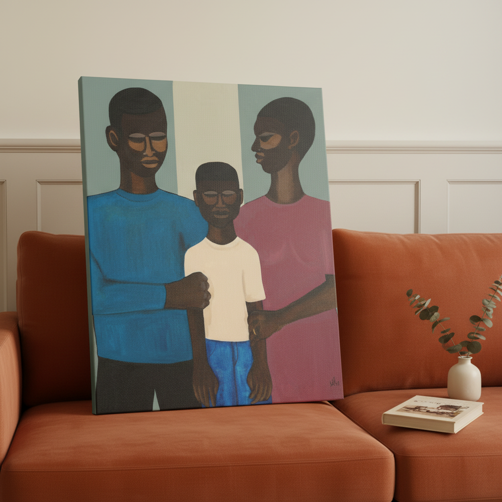 The Family canvas print leaning against rust sofa — African American family portrait canvas art