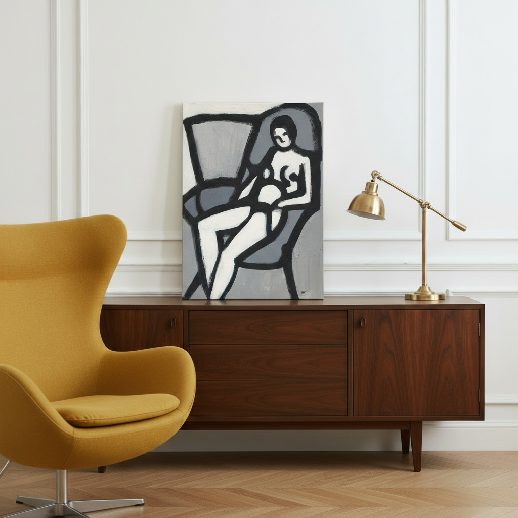The Model canvas print leaning against mustard egg chair and walnut credenza — vintage Black figure art