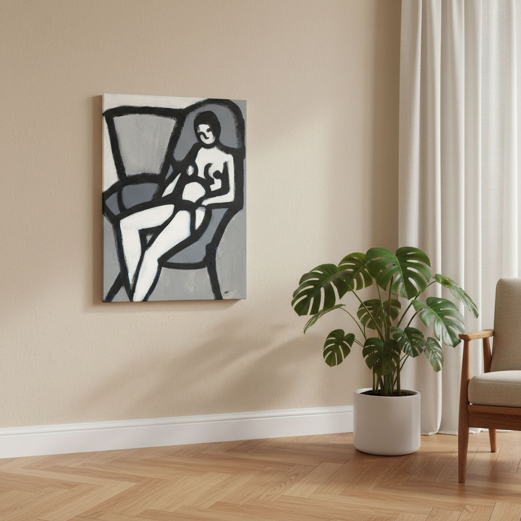 The Model canvas print in room with herringbone floor and light gray wall — vintage Black figure art