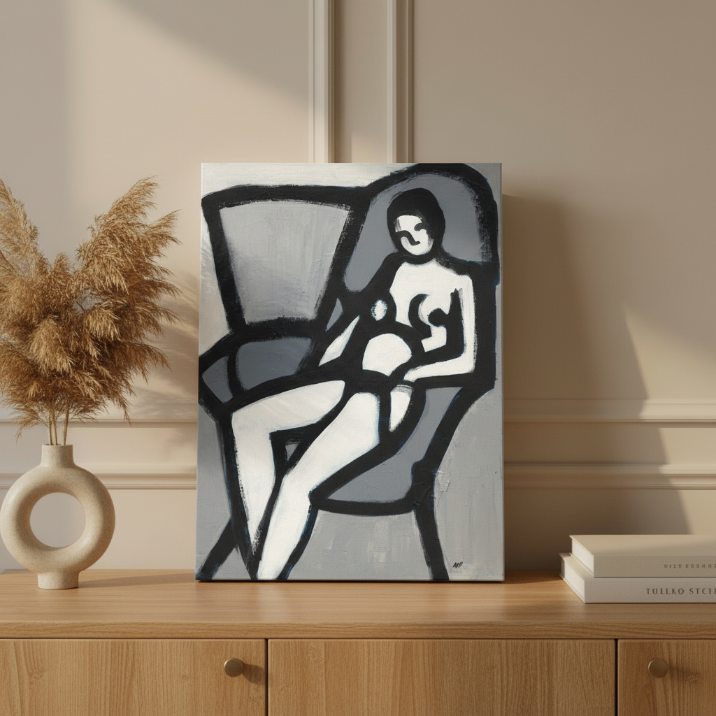 The Model canvas print on sideboard with pampas vases and books — vintage Black figurative art