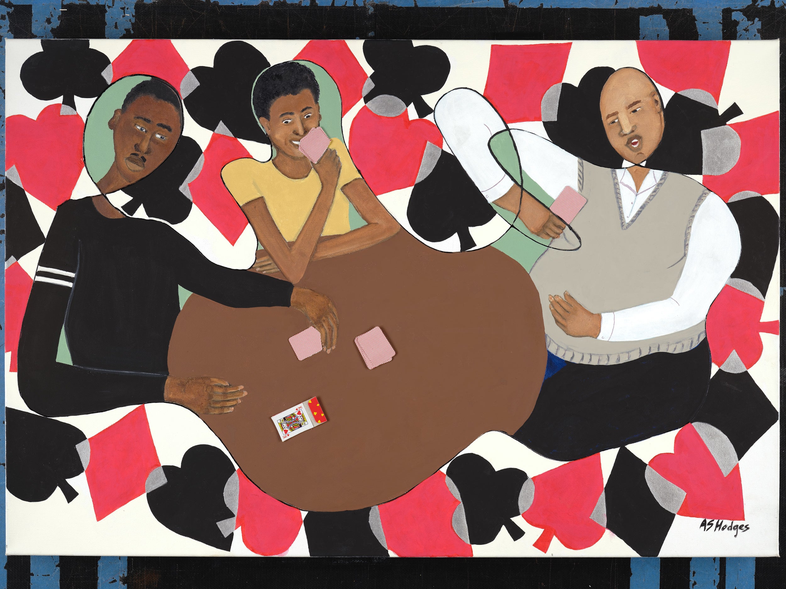 Artistic depiction of three people around a table with playing card symbols in the background