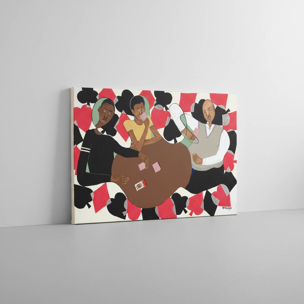 Canvas print of a colorful illustration of three people on a white wall.