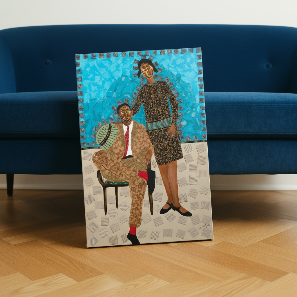 They Came Before Us 1 canvas print Dutch tilt against cobalt sofa — African mask canvas wall art