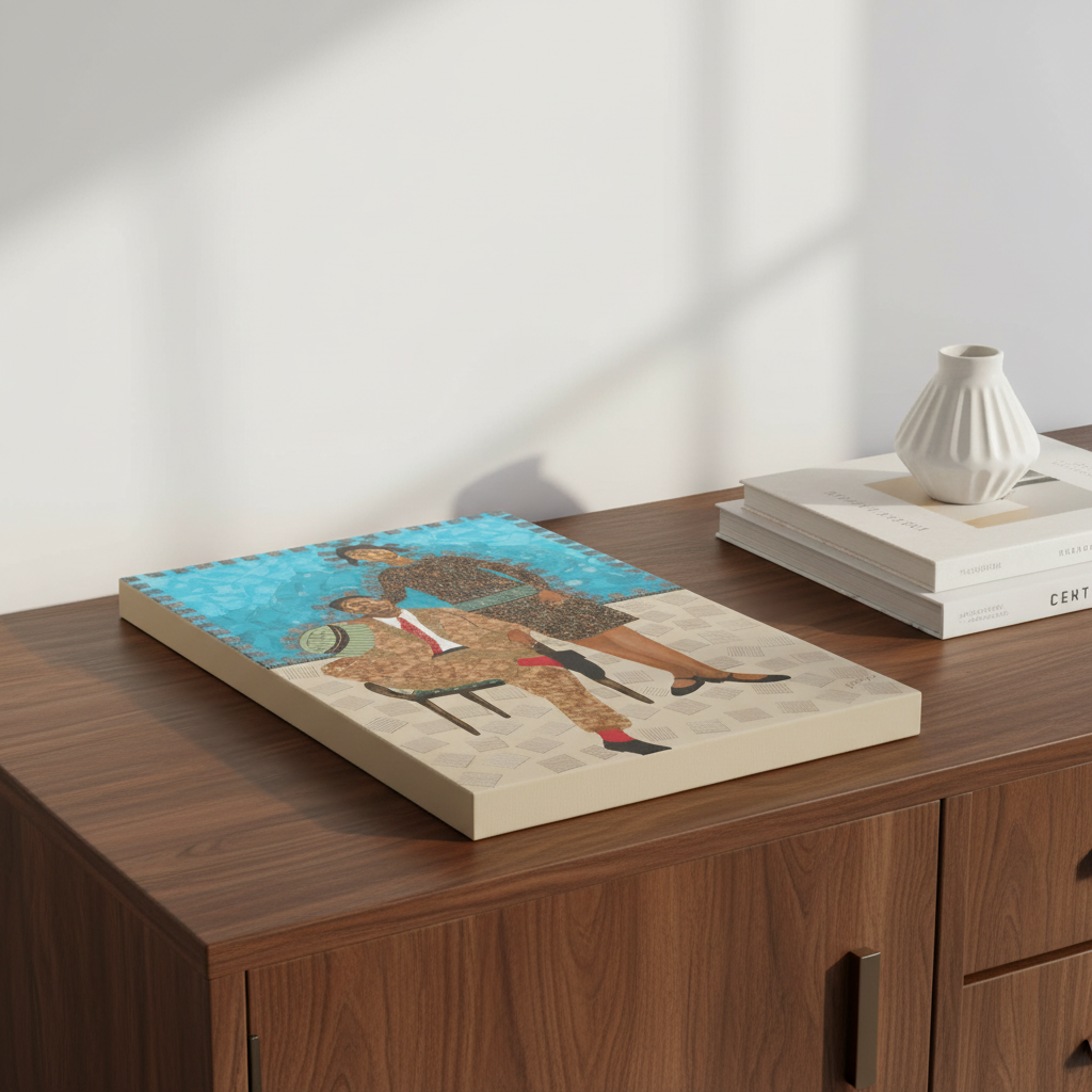 They Came Before Us 1 canvas print close-up flat on sideboard with books — African mask canvas art