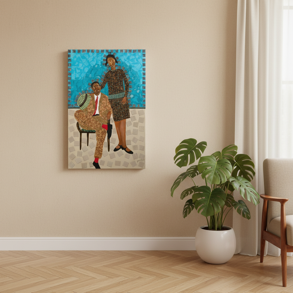 They Came Before Us 1 canvas print in room with wall herringbone and monstera — African mask art