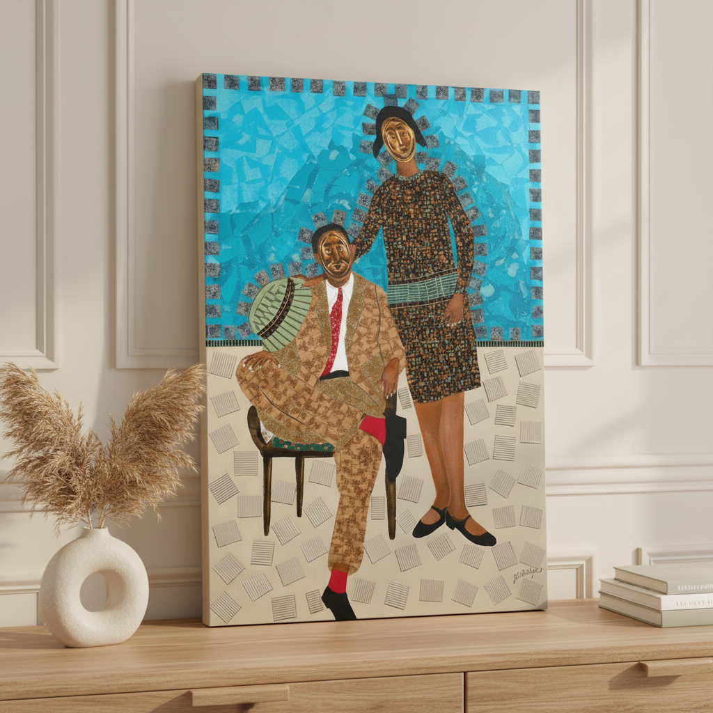 They Came Before Us 1 canvas print on sideboard leaning with pampas vases — African mask canvas art