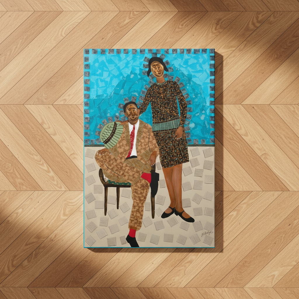 They Came Before Us 1 canvas print bird's eye herringbone floor — African mask canvas wall art