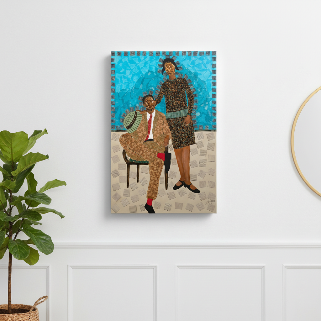 They Came Before Us 1 canvas print hung with wainscoting round mirror and fiddle leaf — African mask art
