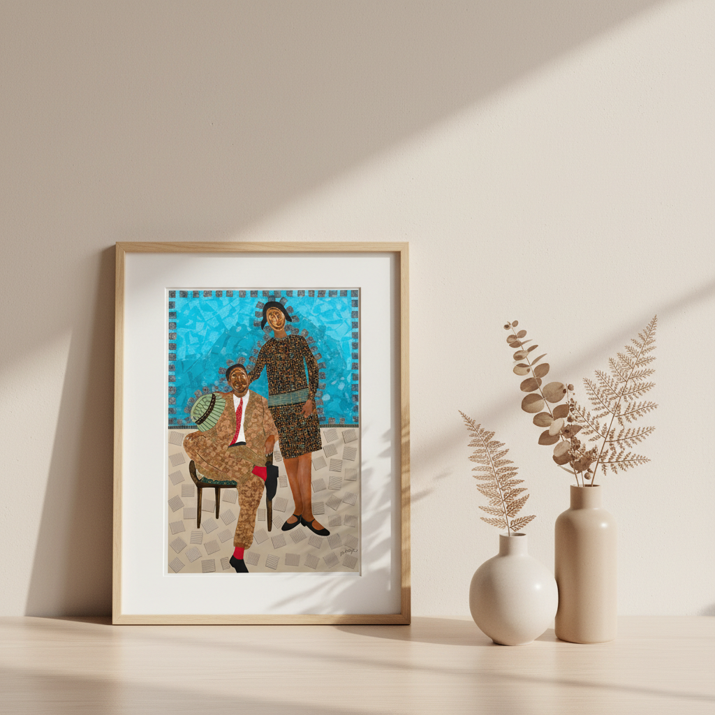 They Came Before Us 1 abstract collage art print — minimal tabletop mock-up of Black ancestry art