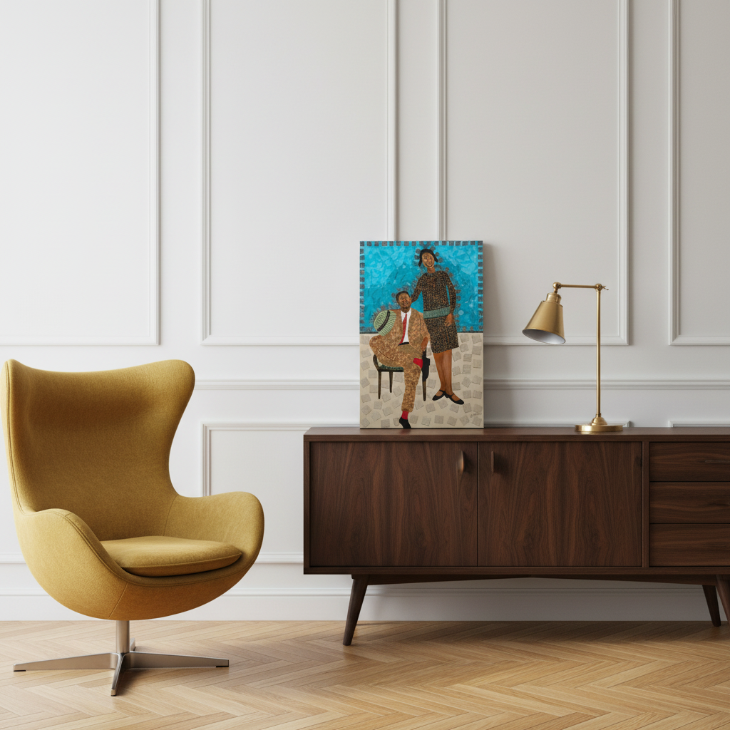 They Came Before Us 1 canvas print with mustard egg chair and walnut credenza — African mask art