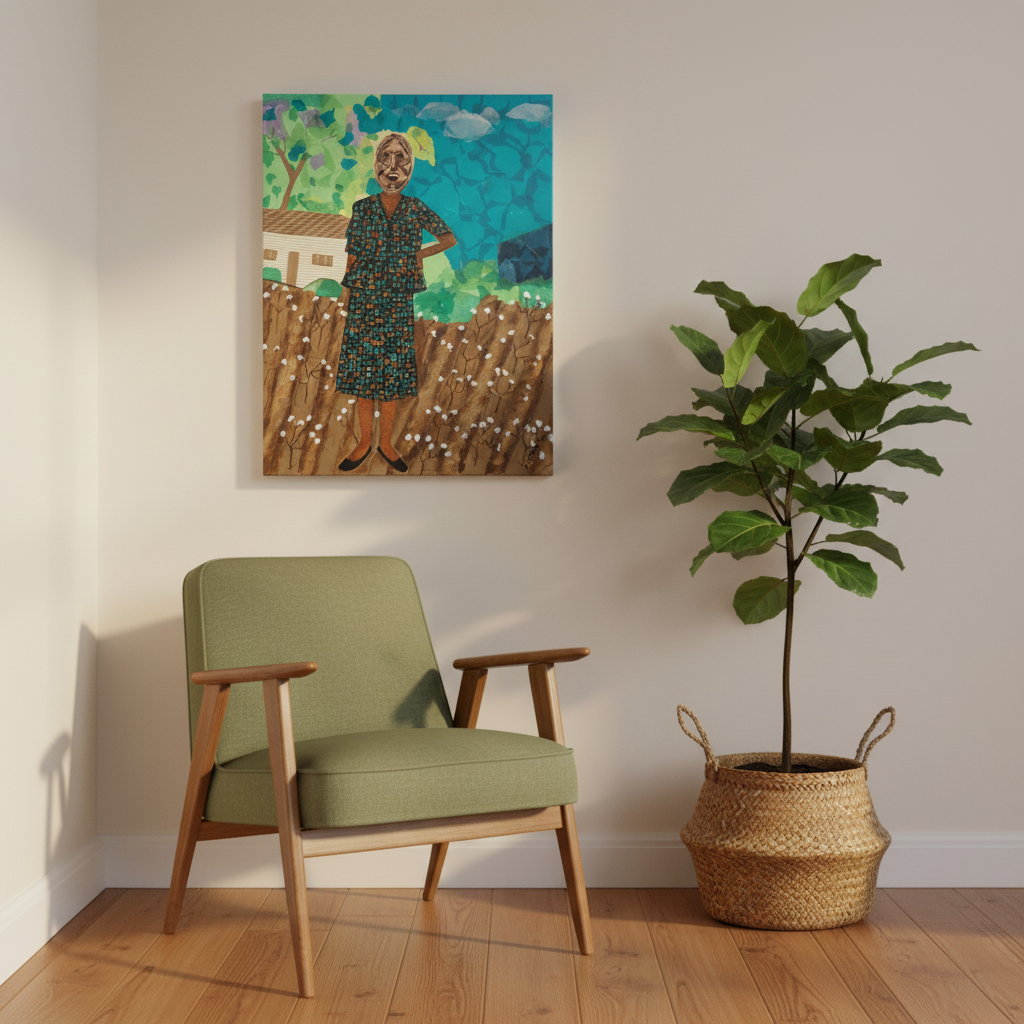 They Came Before Us 2 canvas print at angle with olive chair and plant — Black ancestry art on canvas