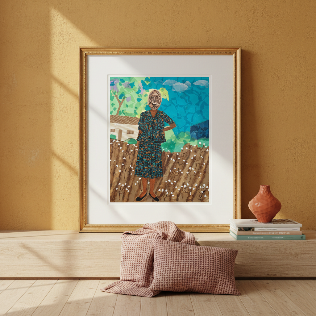 Framed artwork of a woman in a garden on a wooden surface with pillows and a vase.