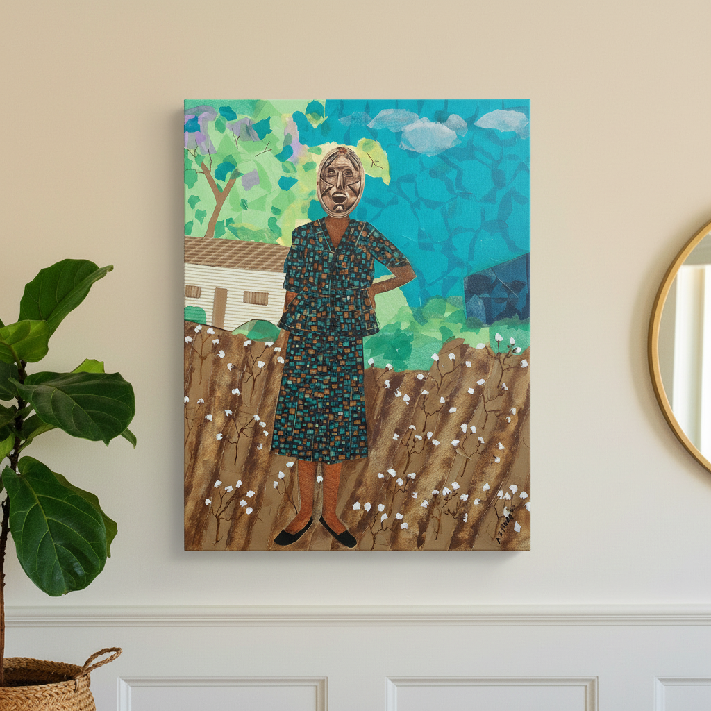 They Came Before Us 2 canvas print hung on wainscoting wall with mirror and fiddle leaf — Black history art