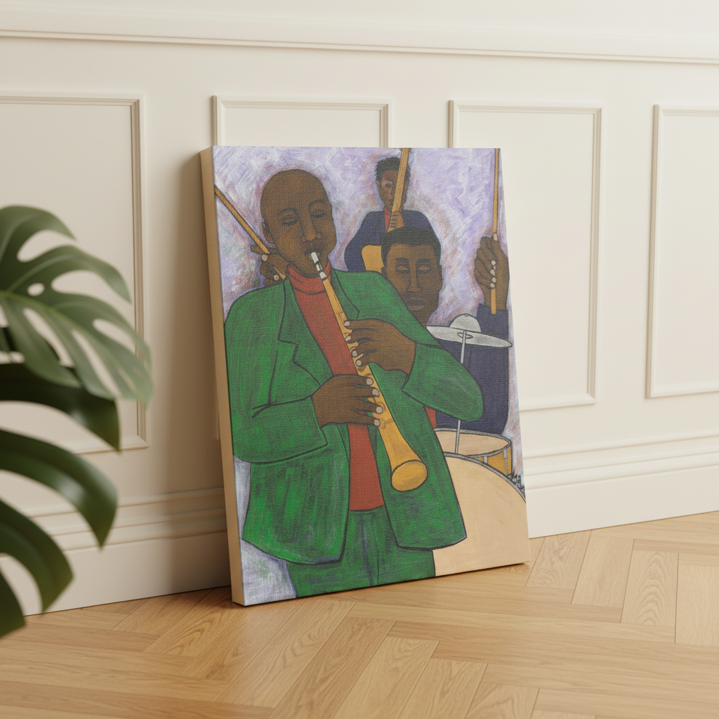 Three Musicians canvas print Dutch tilt on floor with wainscoting and monstera — Black jazz art