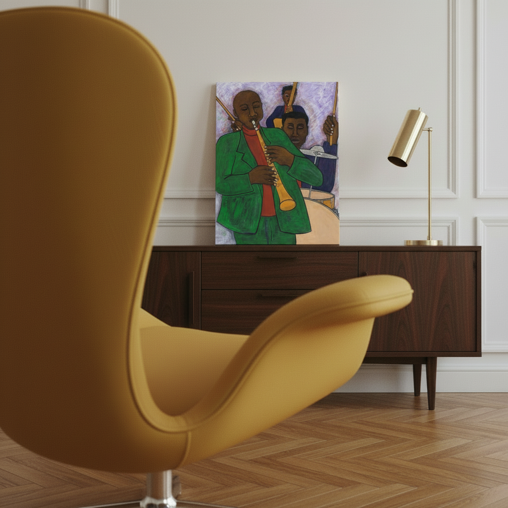 Three Musicians canvas print diagonal with Parisian egg chair — Black jazz musicians canvas wall art