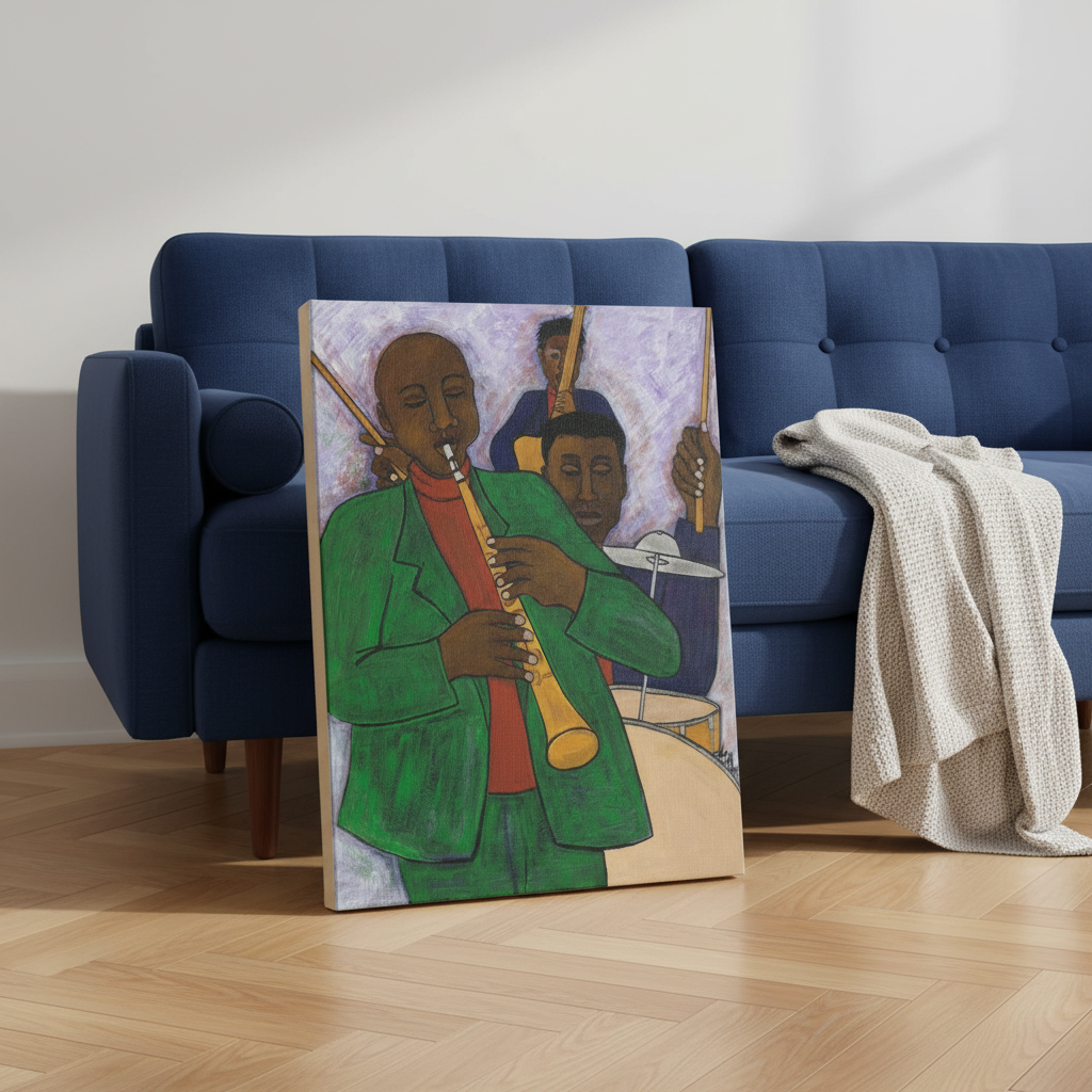 Three Musicians canvas print leaning against blue sofa on floor — Black jazz trio wall art