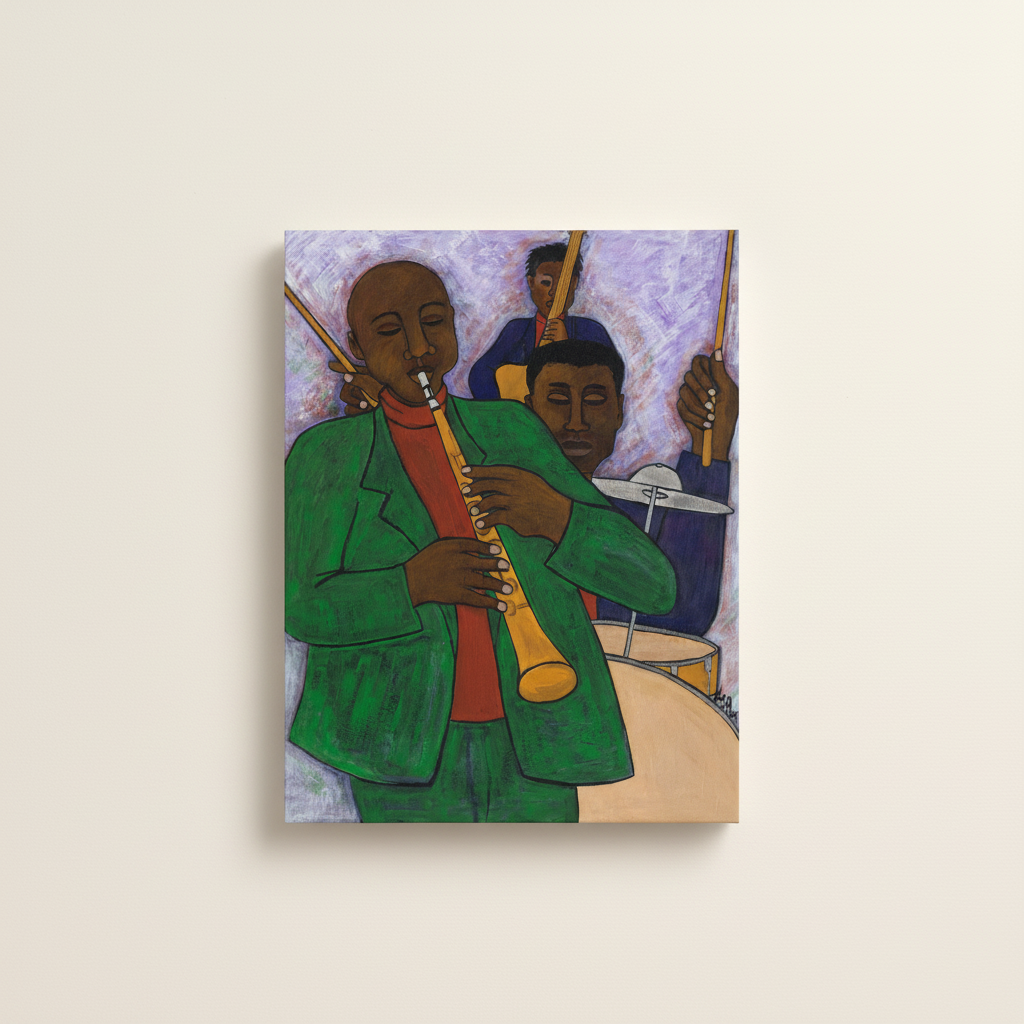 Three Musicians stretched canvas print — full artwork image of Black jazz trio on canvas