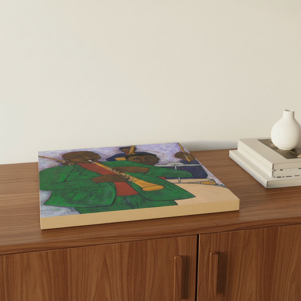 Three Musicians canvas print flat on sideboard overhead with books and beige sides — Black jazz art