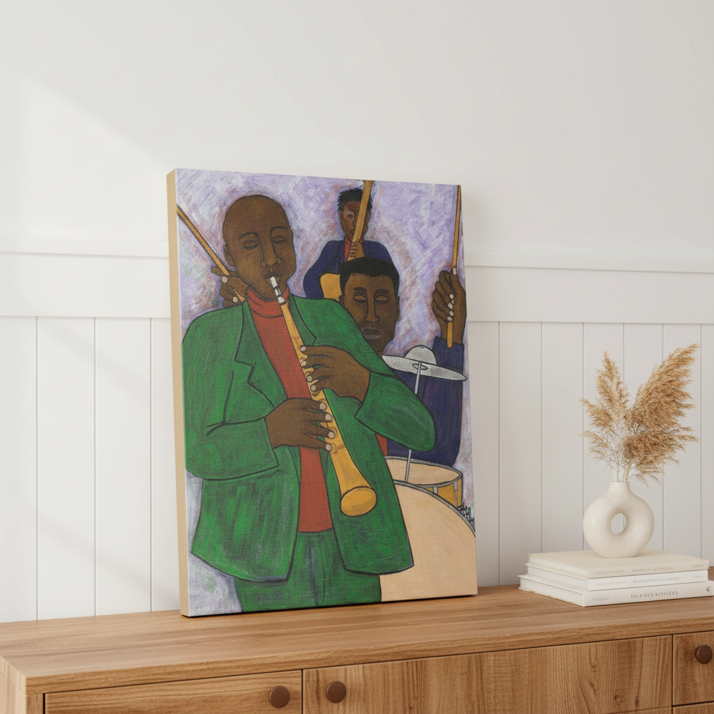 Three Musicians canvas print on oak sideboard with books and vase — Black jazz music wall art