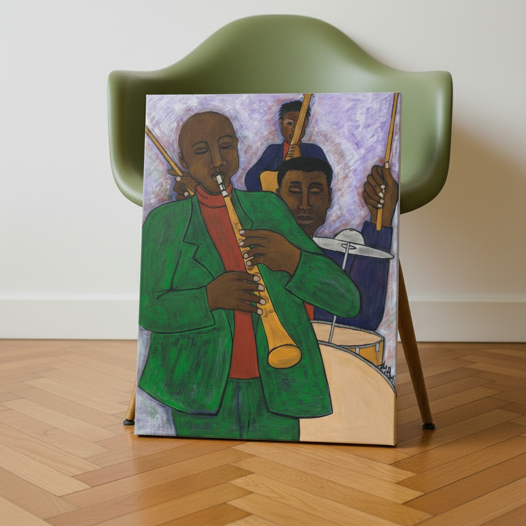 Three Musicians canvas print leaning with olive chair on herringbone floor — Black jazz trio art